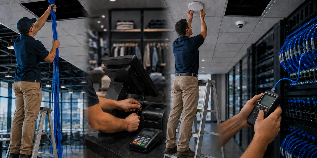 Technicians installing network cabling, POS equipment, security cameras, and testing network connections